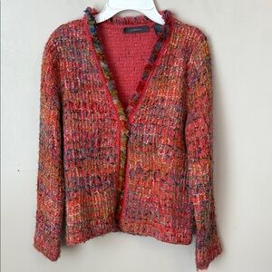 Tweed Jacket By Liz Claiborne Woven Pink & Pastels Waist Style Fringe Trim Sz S